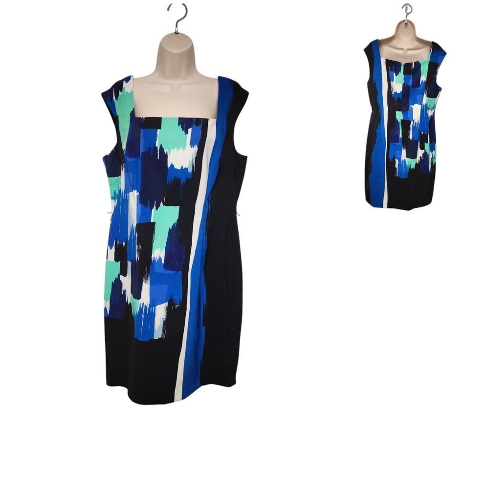 London Style Collection Square Neck Multicolor Black  Sheath Dress Size 14